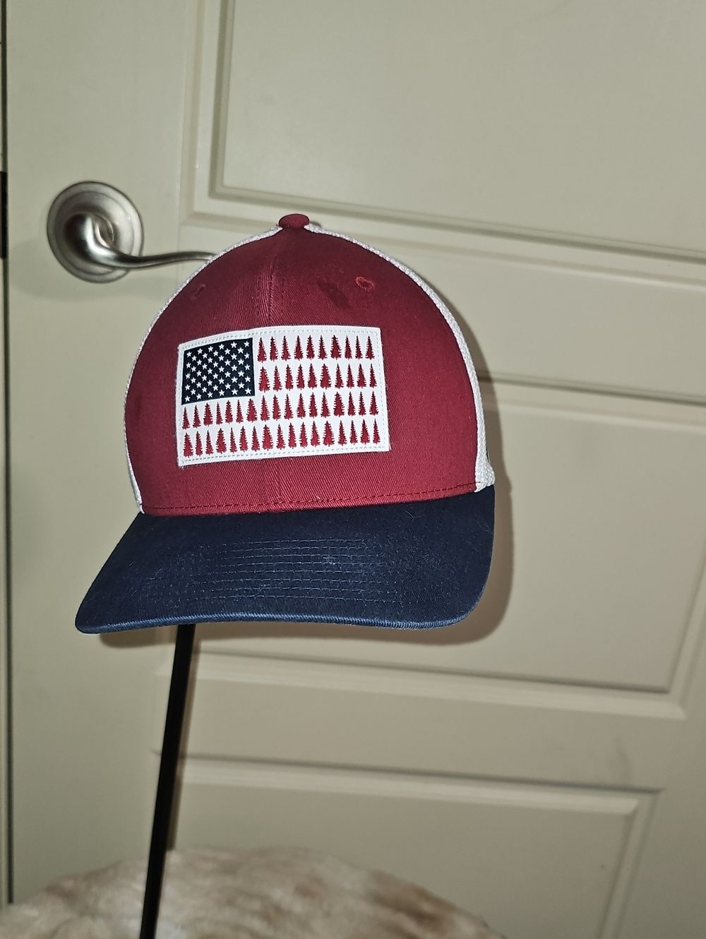 Columbia PFG Patriotic Maroon and Navy Trucker Hat with Flag Patch